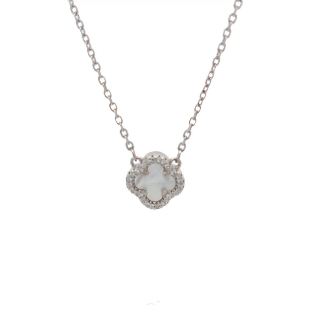 925 Sterling Silver Necklace 17 inches Chain White Mother of Pearl Cubic Zirconi